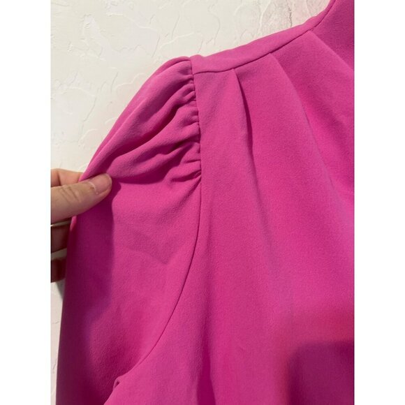 Ann Taylor Petite Sz LP Mock Neck Puff Sleeve Bright Pink Barbiecore Top Blouse - Picture 3 of 6